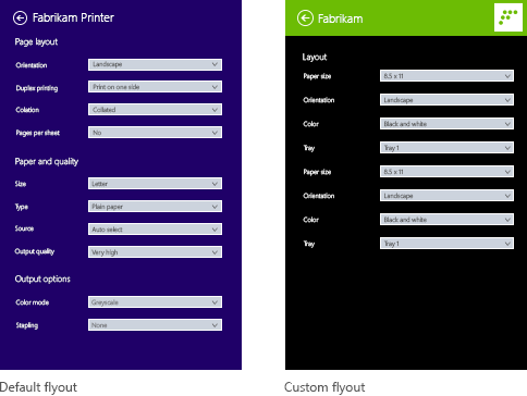 examples of the default and custom flyouts for advanced print settings.