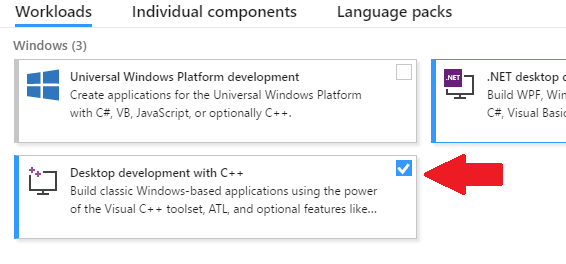 Selecting Desktop development with C++ from Windows options on Workloads tile.