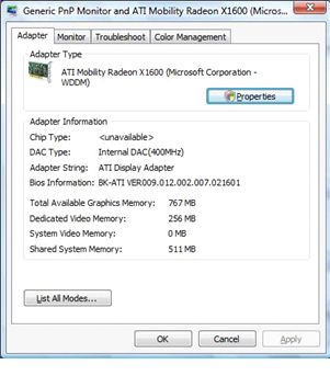Screenshot of the Display window with the Adapter tab selected that reports available memory.