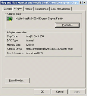 Screenshot of the Display app with the Adapter tab selected and 128 MB of memory in Windows XP.