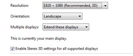 Screenshot of the stereoscopic display setting in the Screen Resolution control panel.
