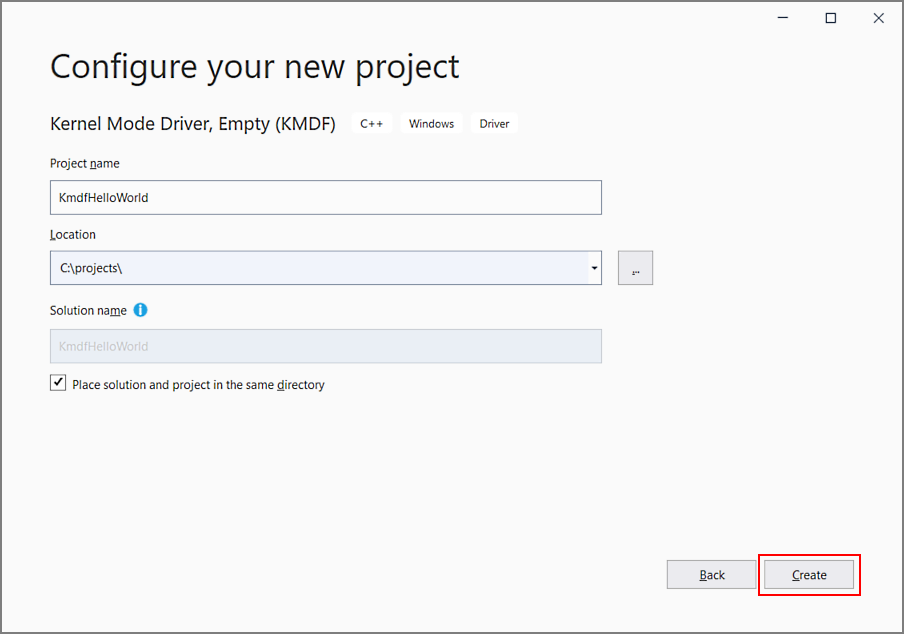 Screen shot of the Visual Studio configure your new project configuration dialog box. The Create button is highlighted.