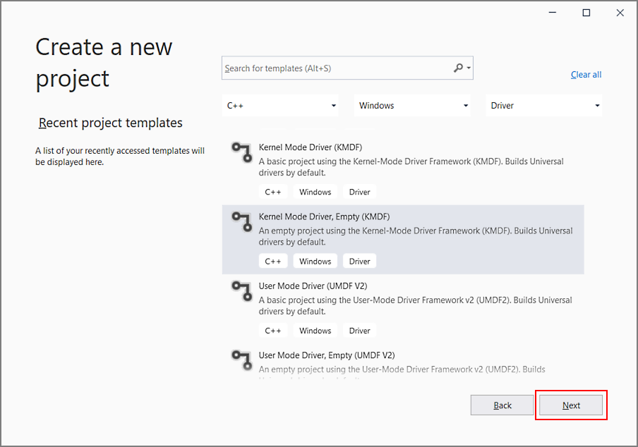 Screen shot of the Visual Studio new project dialog box, showing kernel mode driver selected.
