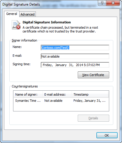 screen shot showing general information about the digital signature's details.