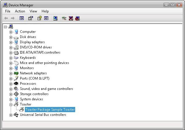 screen shot showing the toaster device in the device manager.