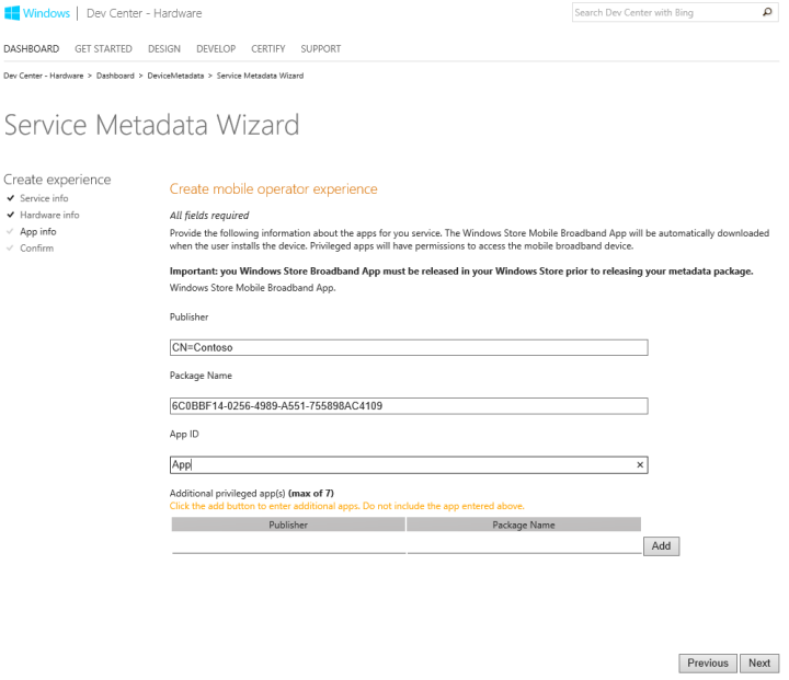 Screenshot of the App Info step in the Service Metadata Wizard.
