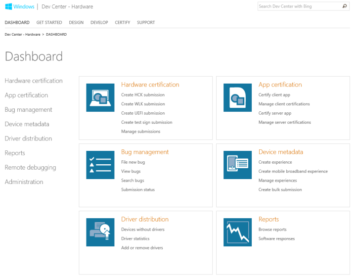 Screenshot of the Windows Dev Center hardware dashboard landing page.
