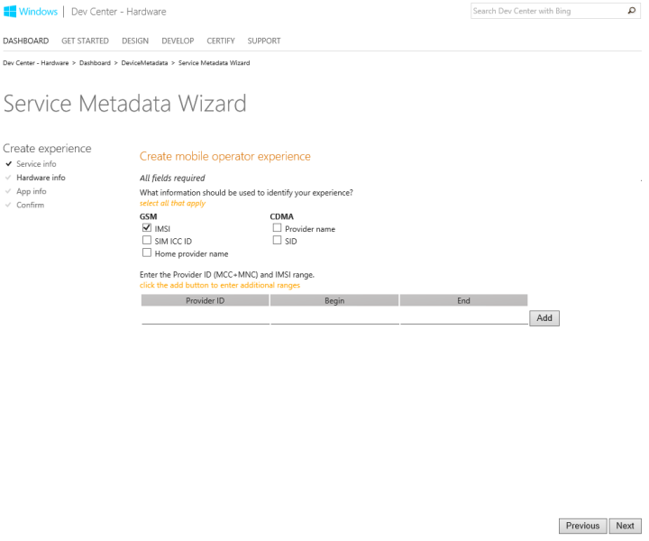Screenshot of the Hardware Info step in the Service Metadata Wizard.
