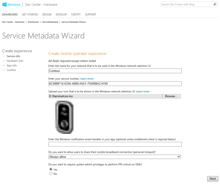 Screenshot of the Service Info step in the Service Metadata Wizard.