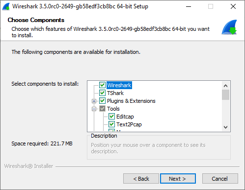 Screenshot of Wireshark installer's Choose Components window.