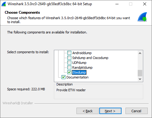 Screenshot of Wireshark installer showing how to select Etwdump under Tools.