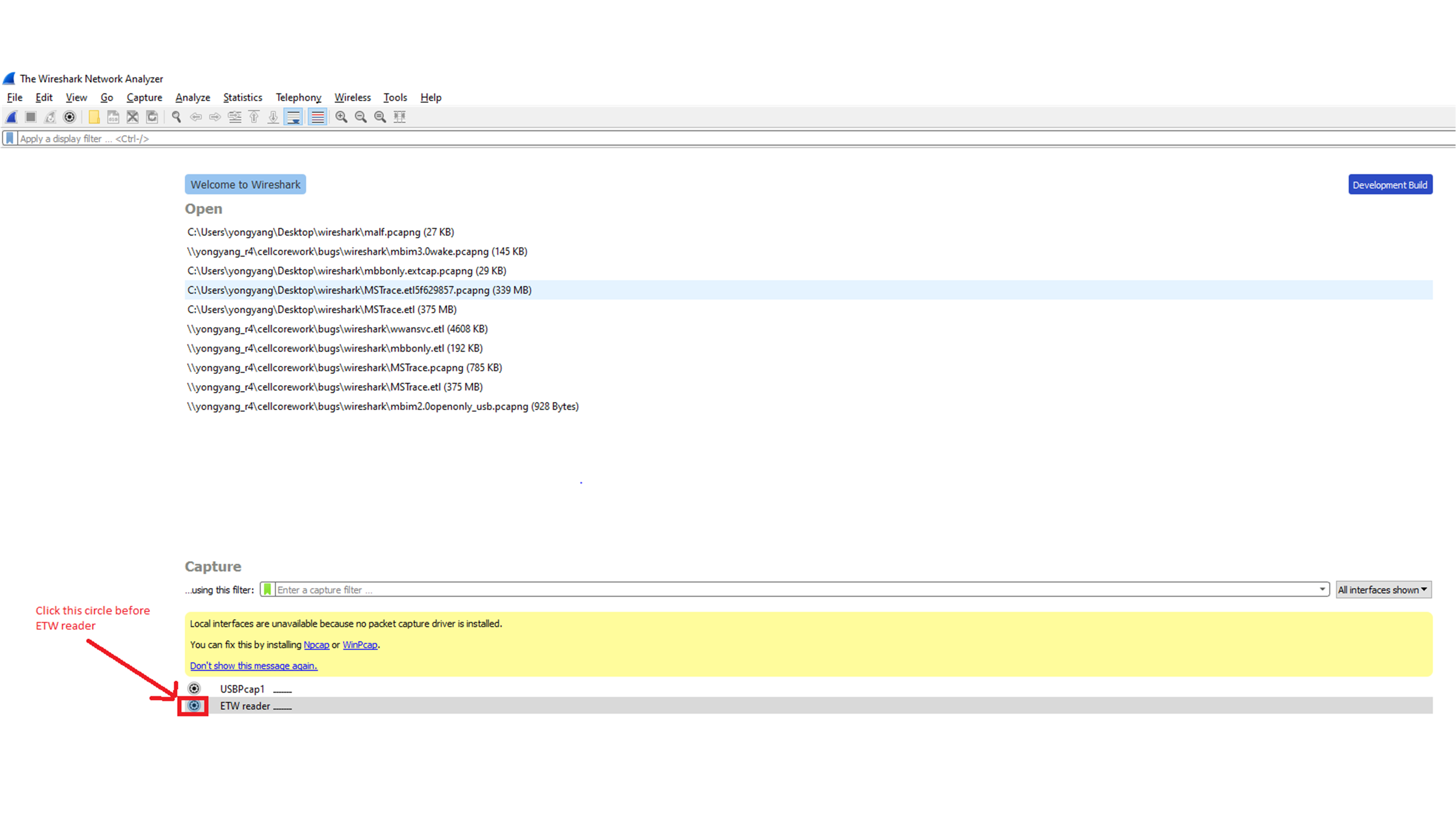 Screenshot of Wireshark with the ETW reader selected.