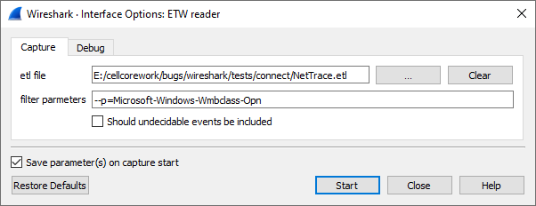 Screenshot of the ETW reader with ETL file selection and filter parameters.
