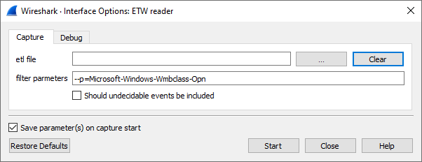 Screenshot of the ETW reader with filter parameters and an empty ETL file.