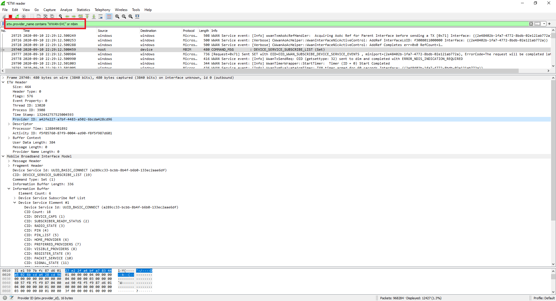 Screenshot of Wireshark displaying decoded ETW and MBIM messages with filters applied.