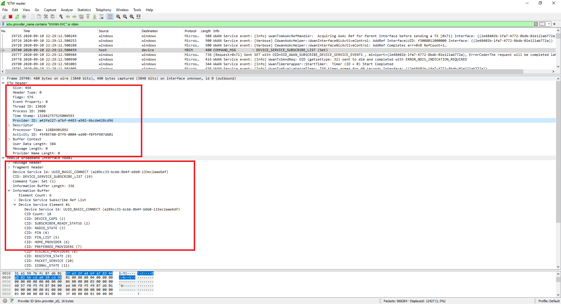 Screenshot of Wireshark displaying details of a selected message.