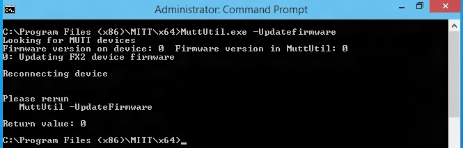 Screenshot that shows the "MuttUtil.exe -UpdateFirmware" command run in "Administrator: Command Prompt".