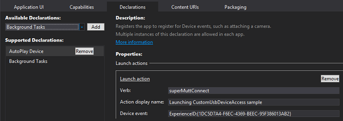 Screenshot that shows the app manifest with 'Declarations' selected and 'AutoPlay Device' added.