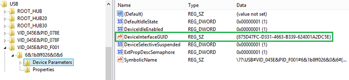 Screenshot of USB device interface GUID in Windows RegEdit.