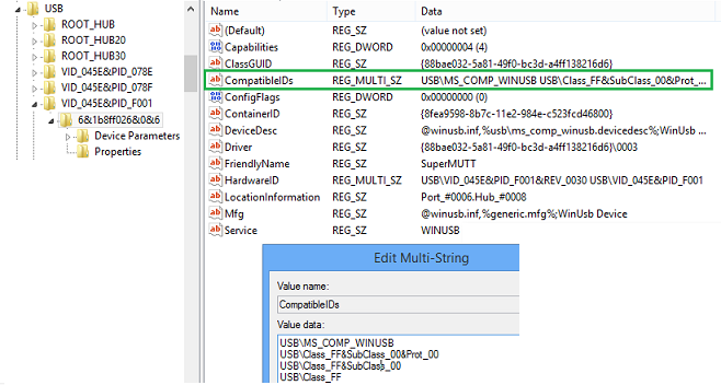 Screenshot of USB device class subclass protocol codes in Windows RegEdit.