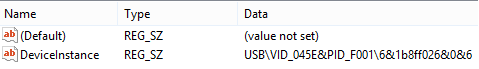 Screenshot of USB hardware ID in Windows RegEdit.