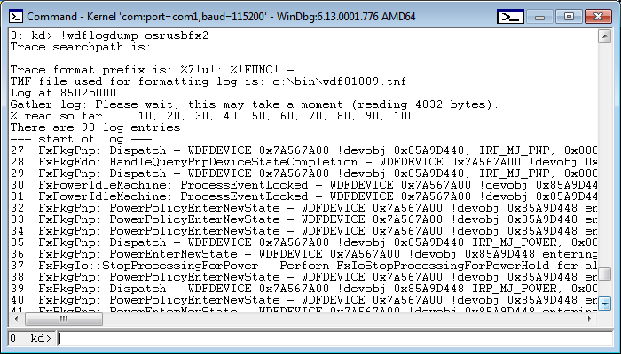 Screenshot of !wdflogdump extension output in WinDbg Command window.