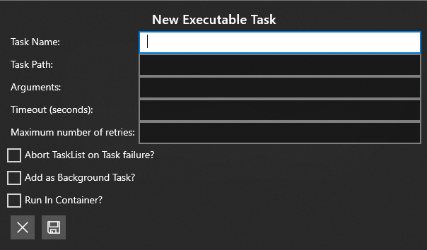 Factory Orchestrator new executable task window showing the Run in container checkbox
