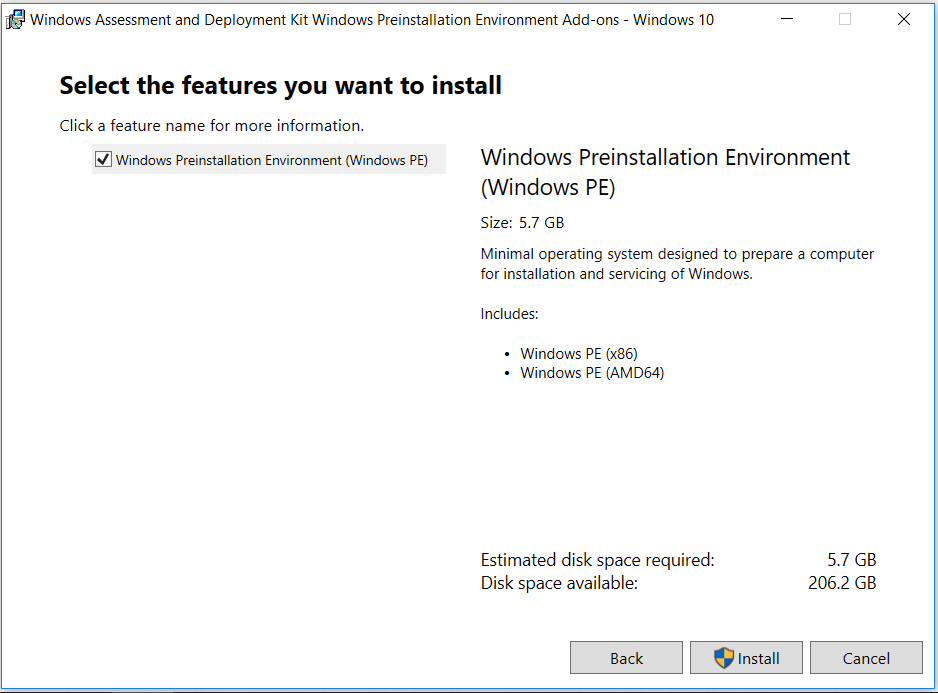 Select WinPE Features: WinPE