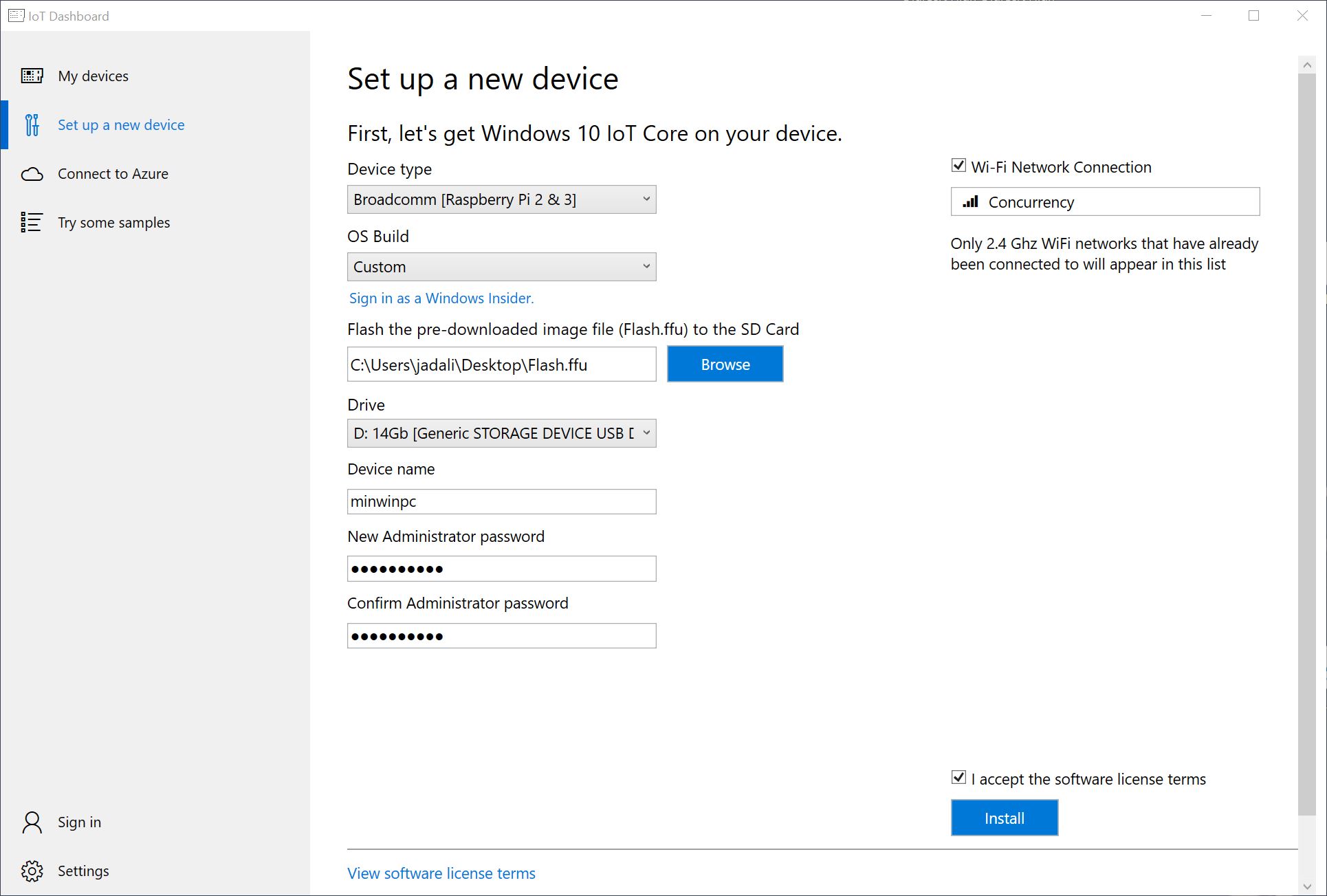 IoT Dashboard dialog box in Windows settings showing new device set up