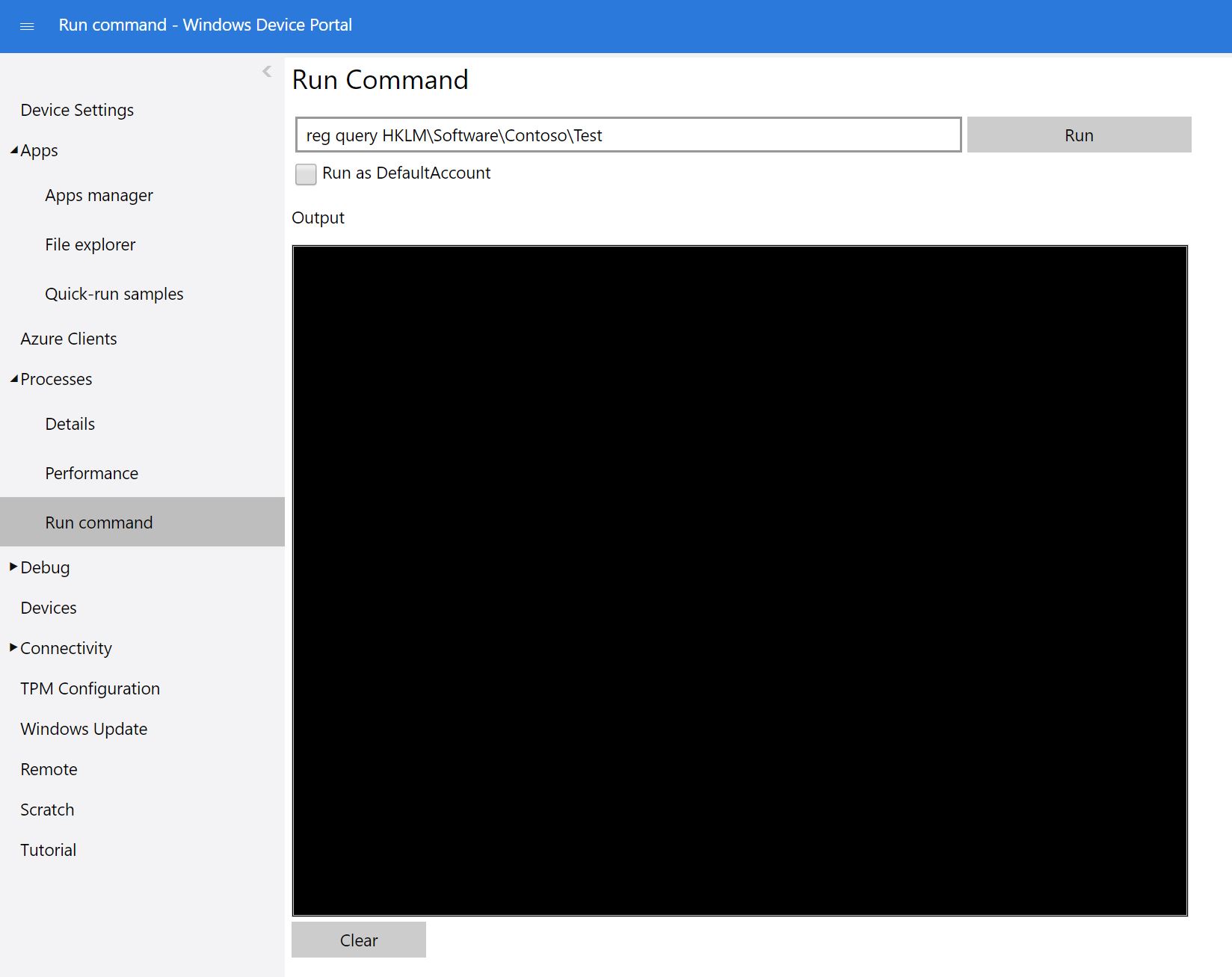 Run command in the Windows Device Portal