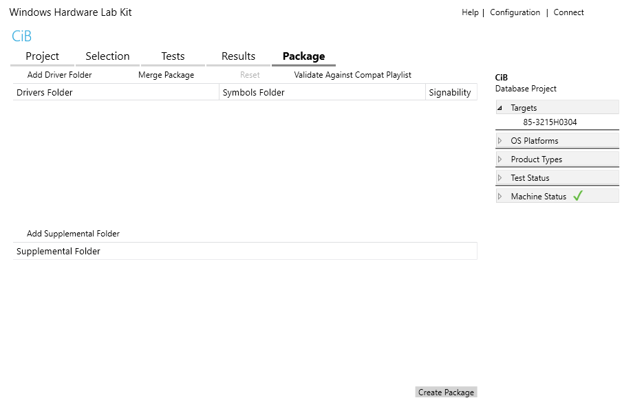 Screen shot of the HLK Manager Package page, including the Create Package button