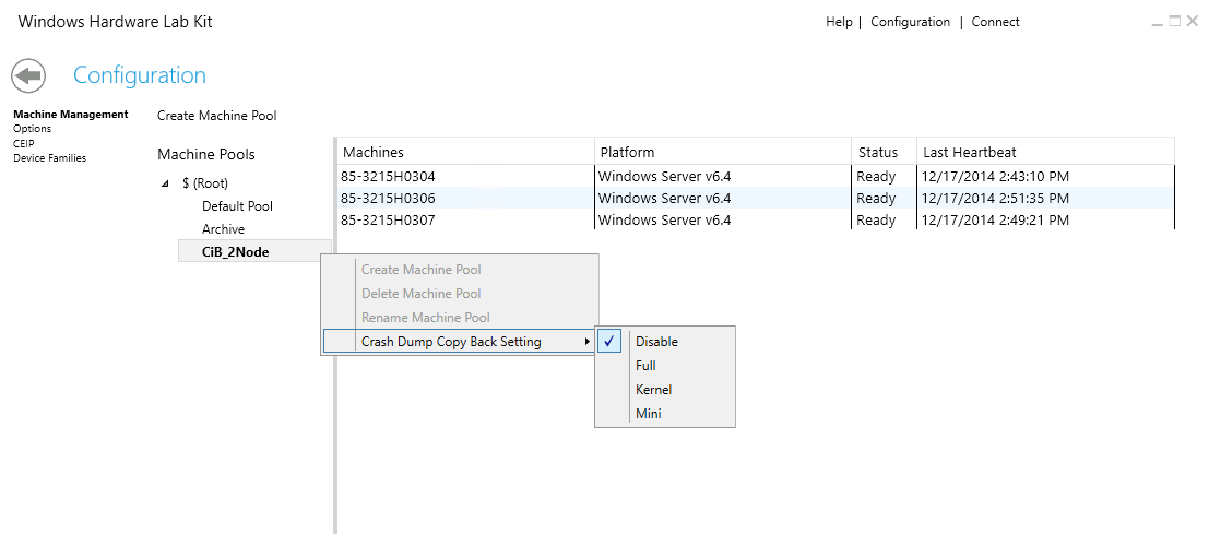 Screen shot of HLK Manager showing Crash Dump Copy Back Setting in the right-click menu
