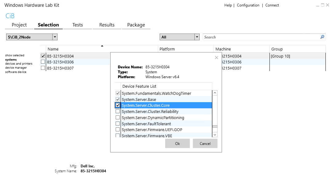 Screenshot of HLK Manager showing context menu with System.Server.Cluster.Core selected