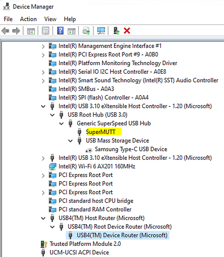 Screenshot of Windows Device Manager with SuperMUTT device highlighted.