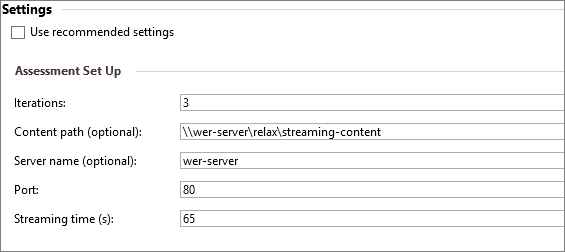 Settings in Windows Assessment Console (WAC) for assessing the performance of a streaming media server
