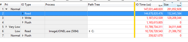 Screenshot of sample data results in tabhle with columns Pri, IO Type, Process, Path Tree, IO Time and Size