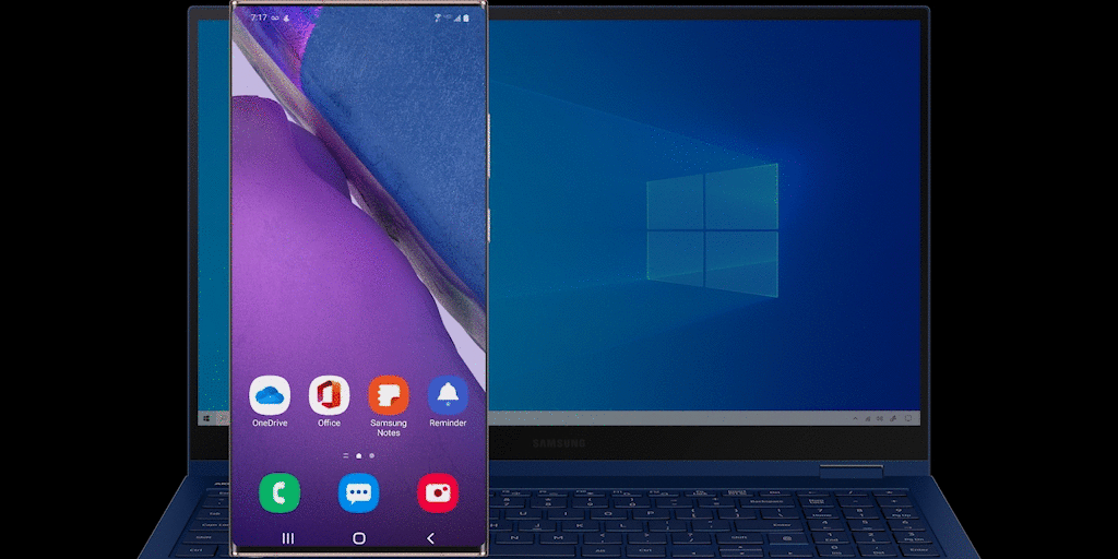 Mobile phone and Windows laptop highlighting Your Phone Apps feature.