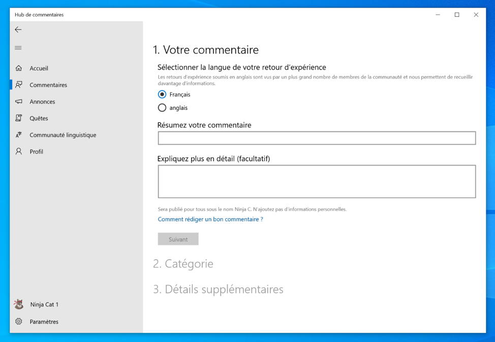 The form for adding new feedback in French, showing how you can now switch to English.