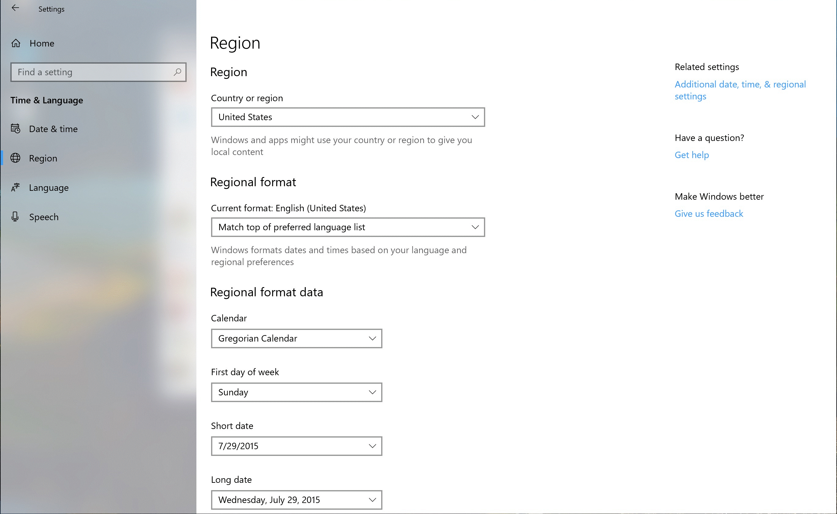 Region settings