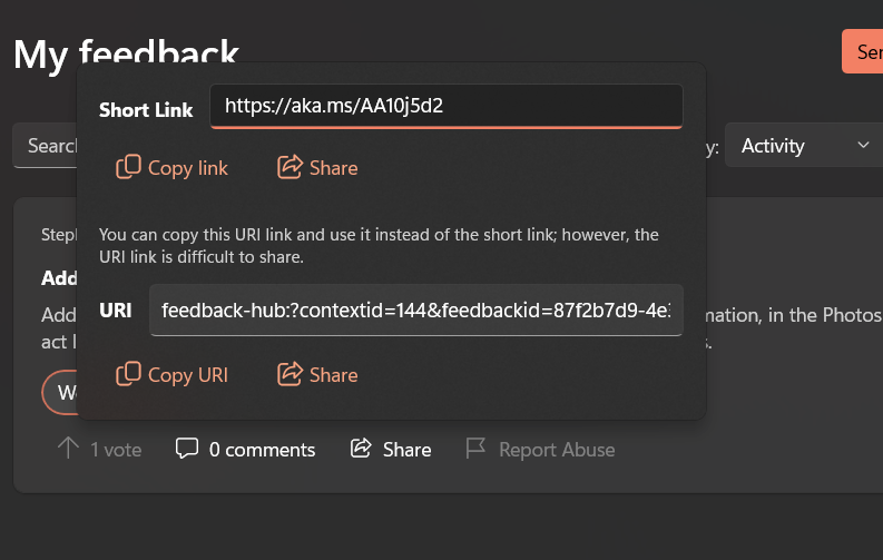 The Share button on your feedback's detail page.