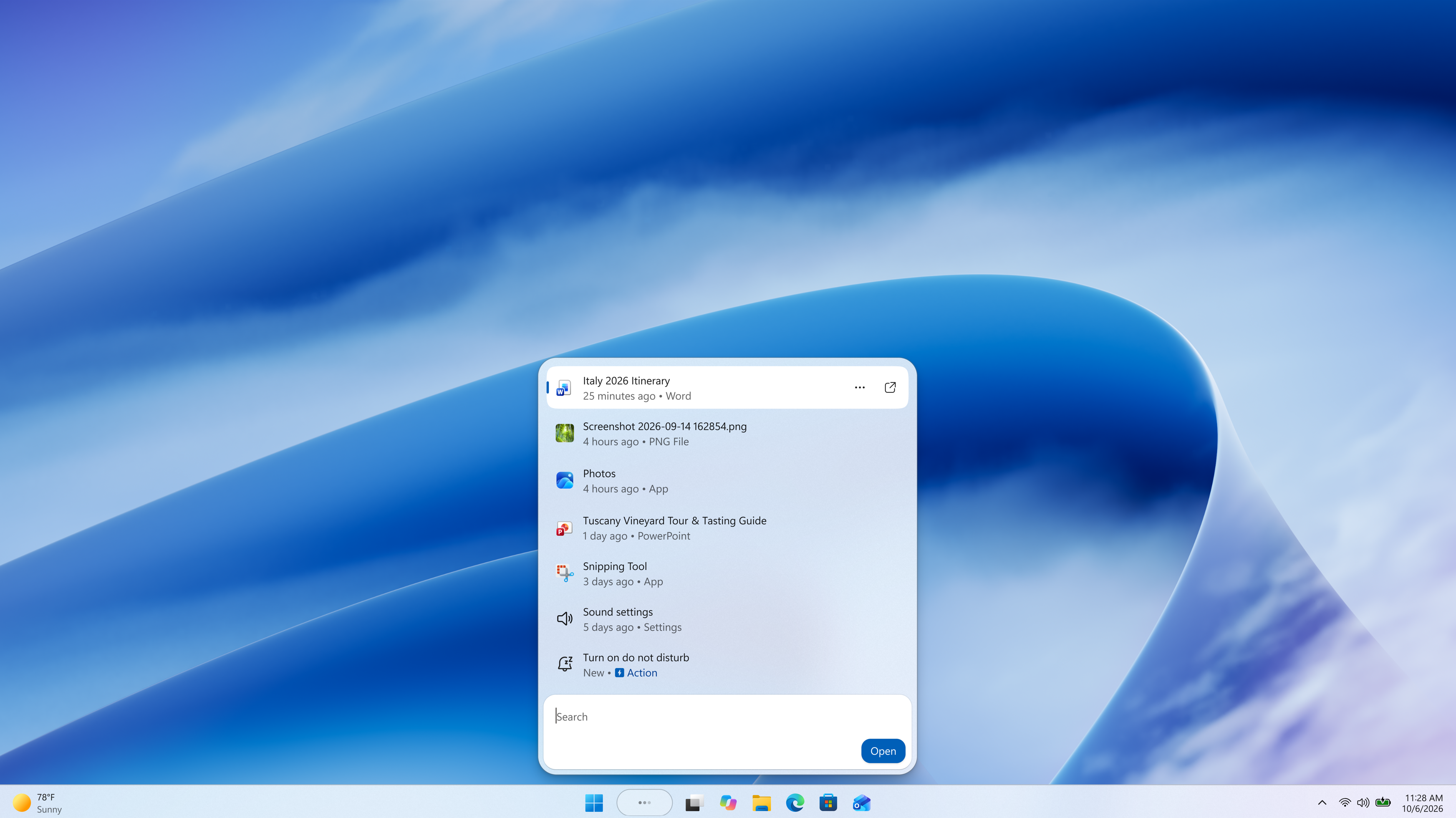 Capture d'écran de la nouvelle expérience de recherche Windows.