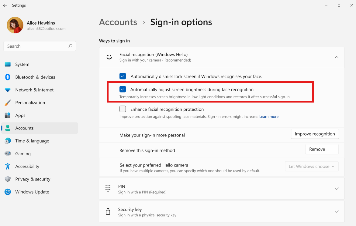 Screenshot of a UI showing the setting to automatically adjust screen brightness during Windows Hello facial recognition.