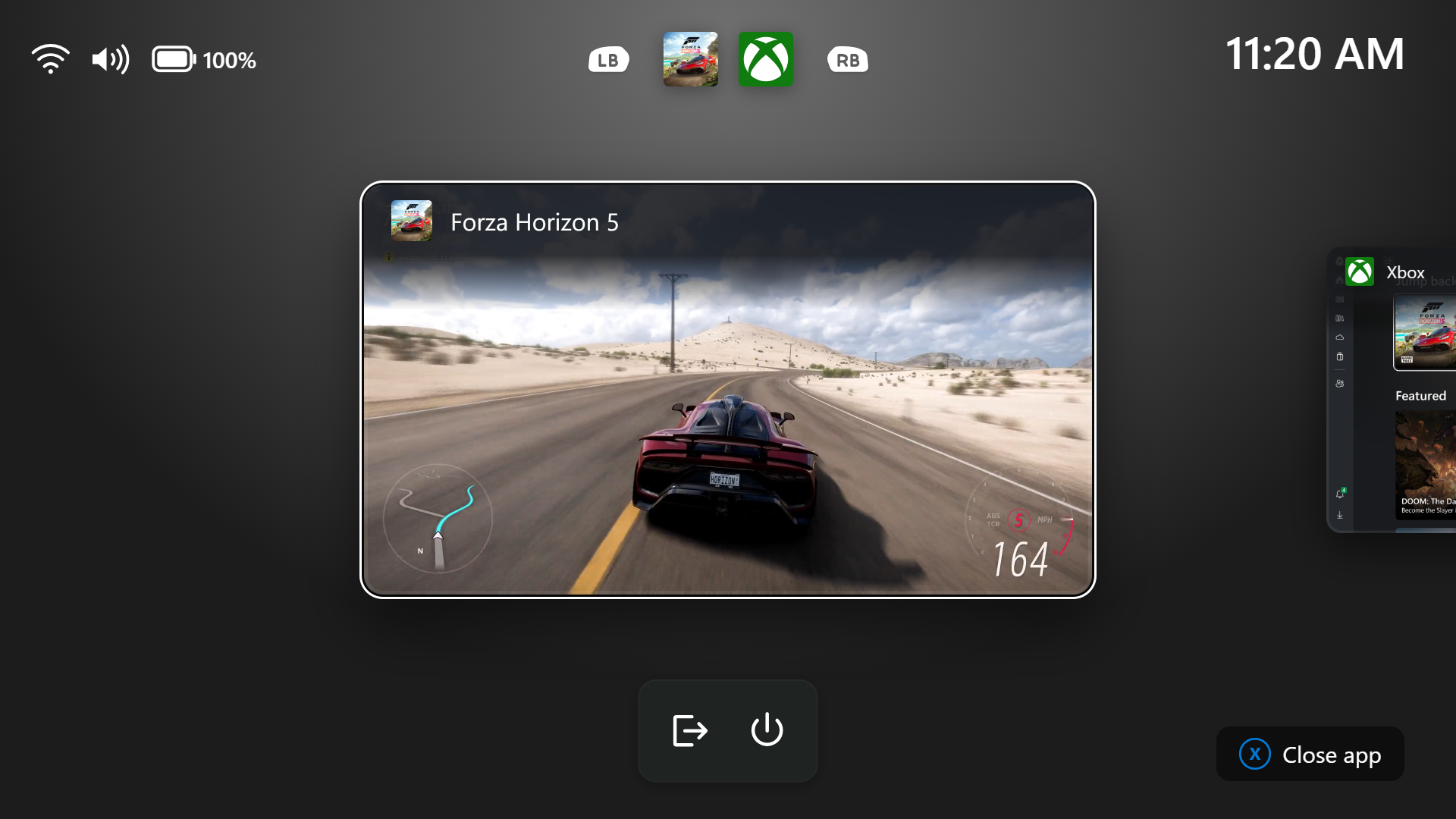 Screenshot that shows Gaming Task View showing the new navigation bar with Exit to Desktop and Power options.
