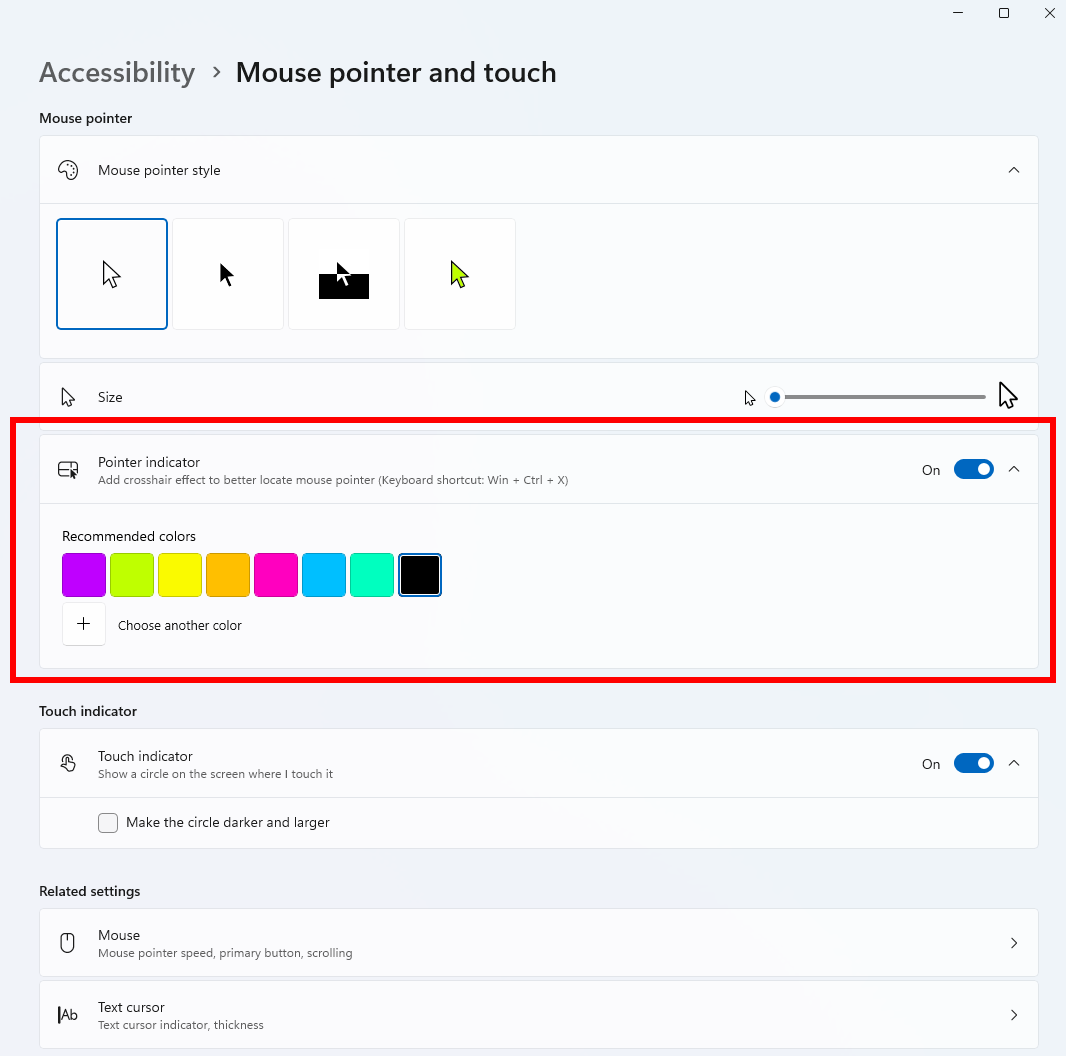Screenshot that shows the Pointer indicator shown with its settings under Mouse pointer and touch in Windows 11.