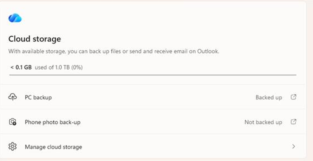 Screenshot of a UI showing the Phone photo back-up setting in Cloud storage with the status "Not backed up".