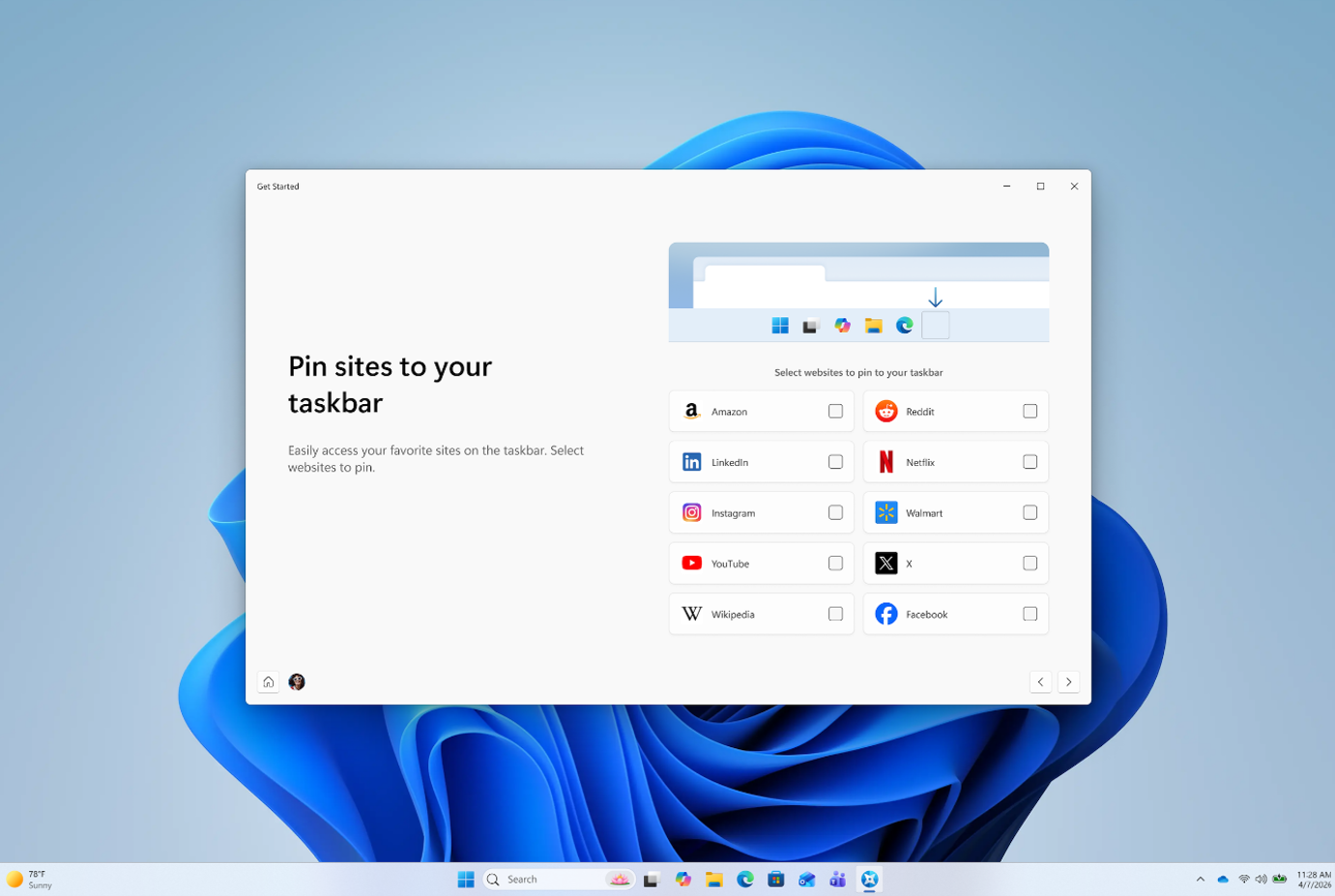 Screenshot of Site pinning page in Get Started.