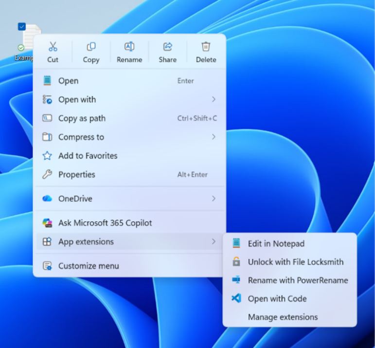 Screenshot del nuovo menu contestuale.