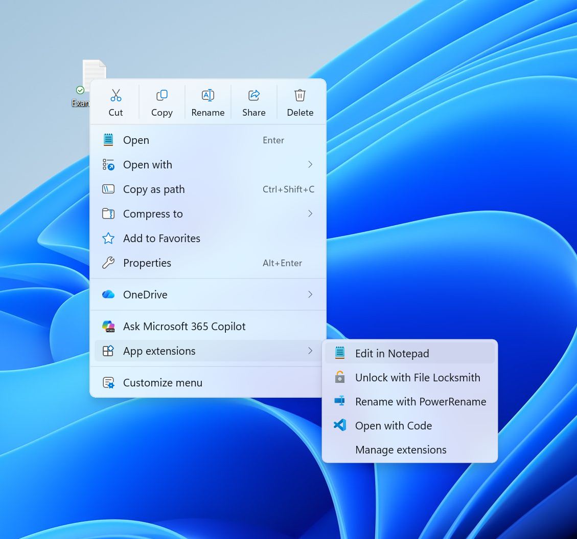 Screenshot of new context menu.