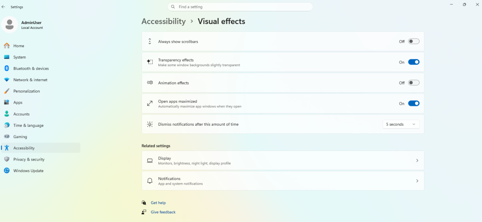 Screenshot of a UI showing the new Open apps maximized accessibility setting in Settings under Accessibility, Visual effects.