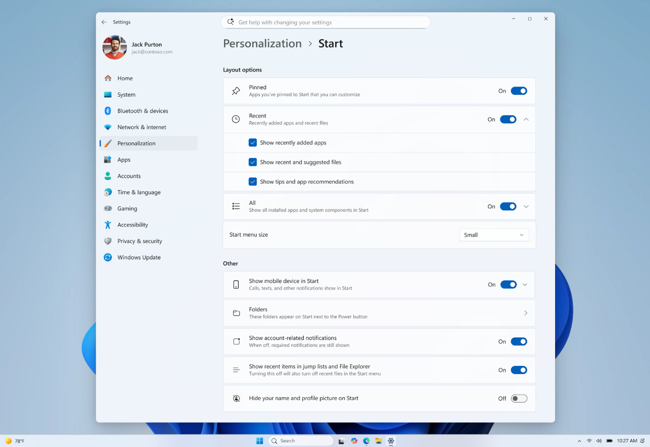 Capture d'écran montrant les nouvelles options de personnalisation du menu Démarrer